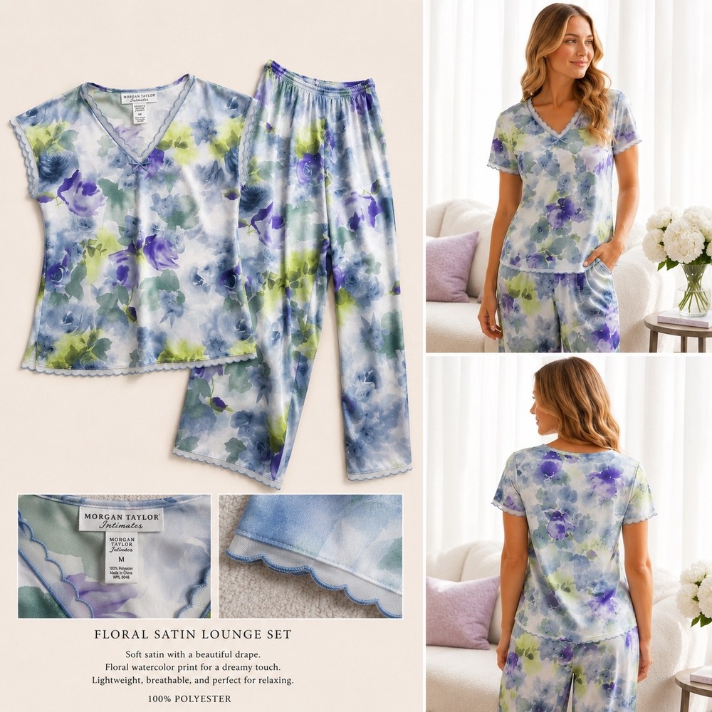 Morgan Taylor Intimates  Y2k Floral Satin Pajama Set Purple Green V-Neck Size M